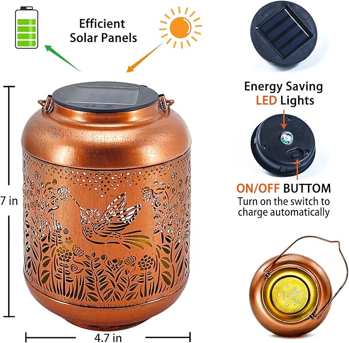 2 Pack Hummingbird Outdoor Solar Hanging Lanterns Waterproof LED Solar Lights Metal Decorative Lanterns for Garden Patio Courtyard Backyard Yard Decor Unique Hummingbird Gifts for Women Gardening