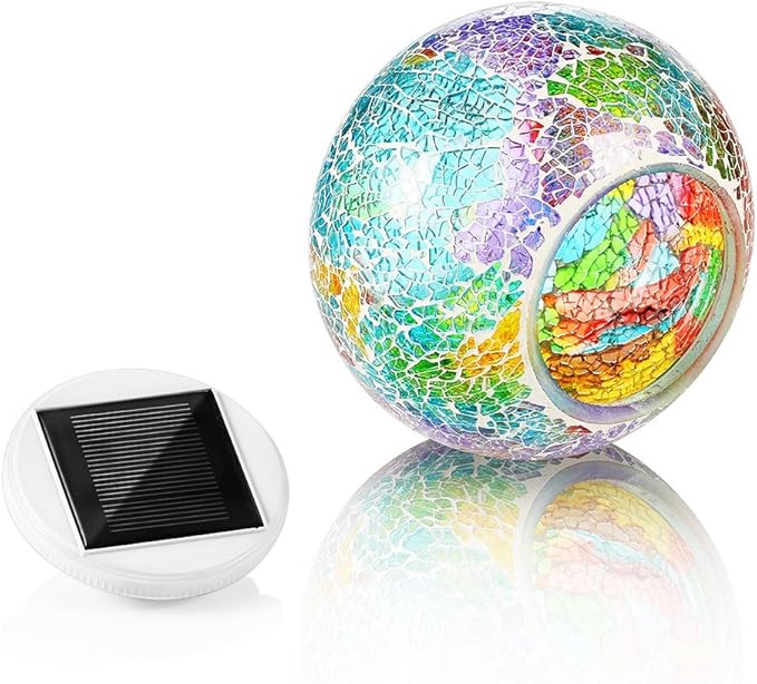 Color Changing Solar Powered Glass Mosaic Ball Led Garden Lights Rechargeable Solar Table Lights Outdoor Waterproof Solar Night Lights Table Lamps for Decorations Ideal Gifts