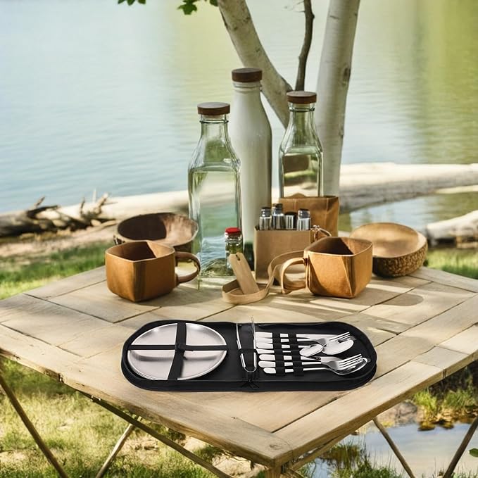 Outdoor Stainless Steel Tableware Set with Fork Spoon Knife 11pcs Portable Camping Cutlery Set Travel Utensils for Hiking Picnic and Family Outdoor Meals
