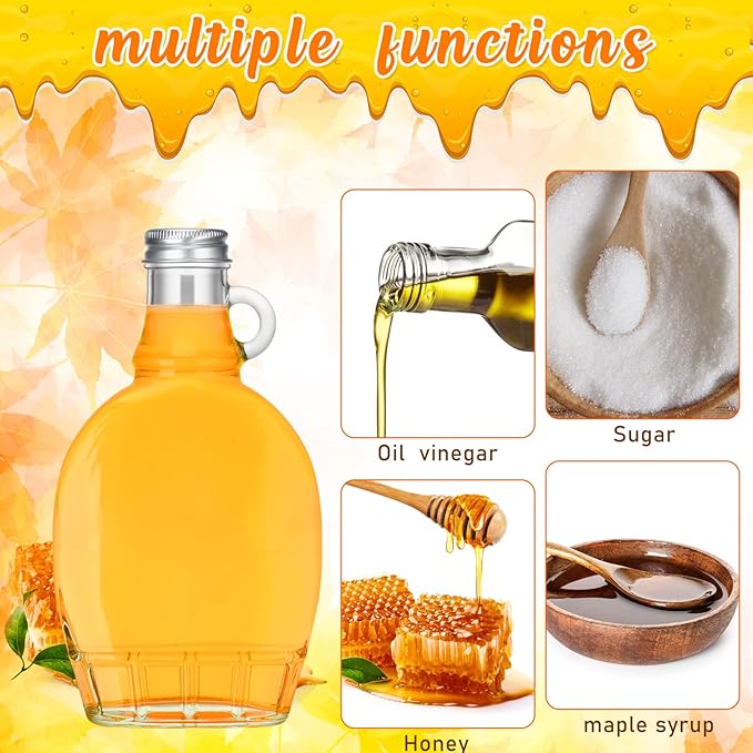 meekoo 24 Pieces 5 oz Glass Syrup Bottles with Aluminum Lid and Loop Handle Glass Maple Bottles Maple Syrup Jars Container with 4 Funnels for Potion Juice Milk Storage Gift Sauce Oil
