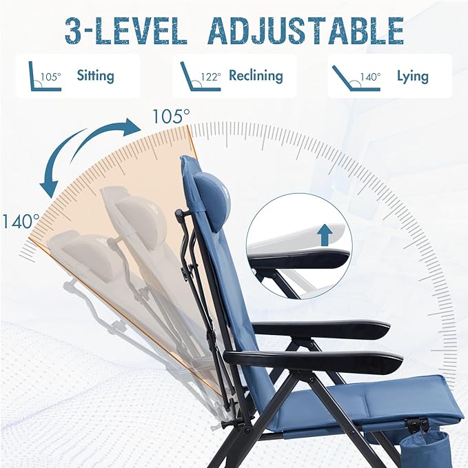 Portal Reclining Camping Chair with Adjustable Back Folding Camp Recliner for Adults Portable High Back Oversized 350LBS (Blue)