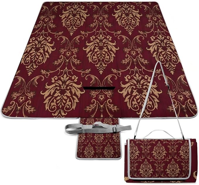 Flower Maroon Gold Floral Classy Burgundy Antique Waterproof Outdoor Picnic Blanket Sandproof Beach Mat for Camping Hiking Grass Travelling