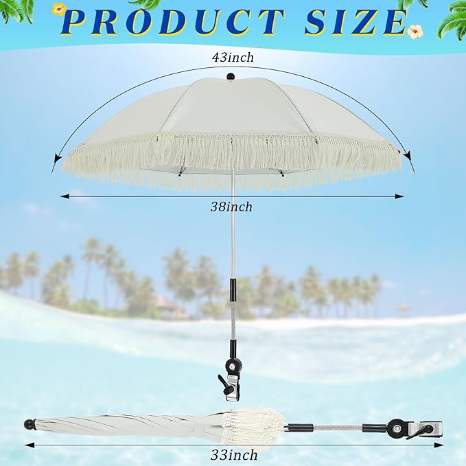 Buryeah 2 Pcs Automatic Chair Umbrella with Universal Clamp 44 UPF 50+ Portable Clamp on Beach Chair Adjustable Wheelchair Umbrella for Outdoor Patio Parasol