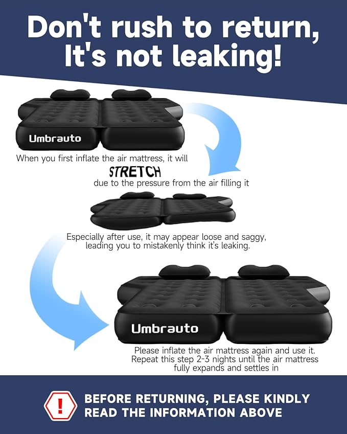 Umbrauto Heavy-Duty SUV Air Mattress w/Quick-Inflate Car Pump| Durable 2-Chamber Inflatable Van Sleeping Bed for Camping &amp Travel Leakproof PVC Flocked Top