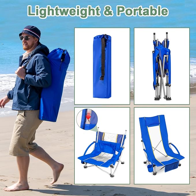 Romswi High Back Beach Chair Compact Lightweight Low Seat Camping Chair Fits in Suitcase 400lbs Heavy Duty Oversized Backpack Chair with Cup Holder &amp Storage Bag Blue