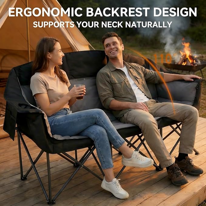 3 Person Camping Chair for Adults Folding Double Camping Chair Oversized Heavy Duty Camping Loveseat with Cup Holders &amp Carry Bag Portable Outdoor Lawn Chair for Camping Beach Backyard Black &a