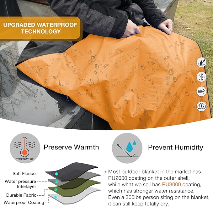 DUKUSEEK Hooded Outdoor Blanket Extra Large (79 x 56) Waterproof Camping Blanket Quilted Fleece Warm Windproof Sand Proof Portable and Wear-Resistant for Sports Picnic Hiking Travel…