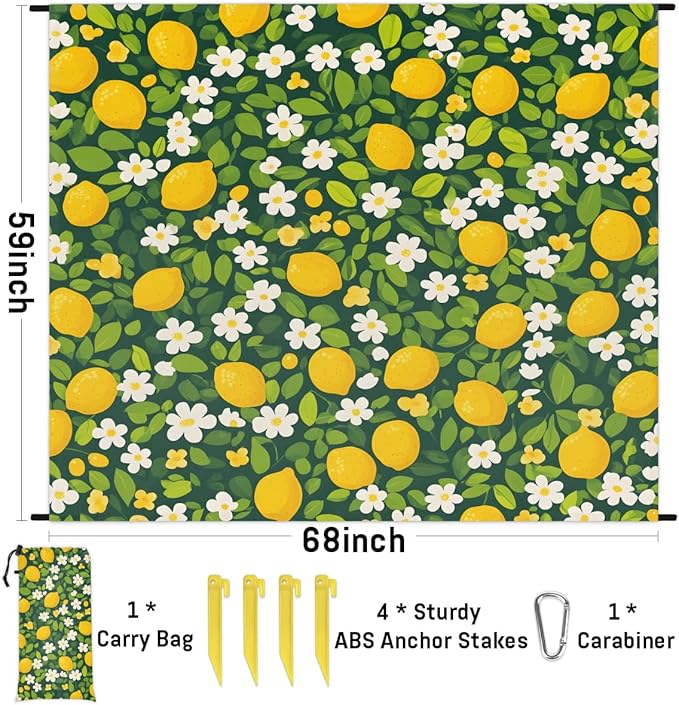 Waterproof Sandproof Beach Blanket 59''×68'' Lemon Fruit &amp Flower Polyester Outdoor Picnic Blanket with 4 Stakes &amp Storage Bag for BeachCampingVacation Green