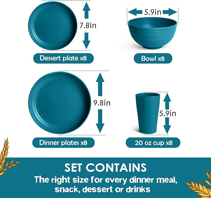 Teivio 32-Piece Kitchen Plastic Wheat Straw Dinnerware Set Service for 8 Dinner Plates Dessert Plate Cereal Bowls Cups Unbreakable Colorful Plastic Outdoor Camping Dishes Dark Blue