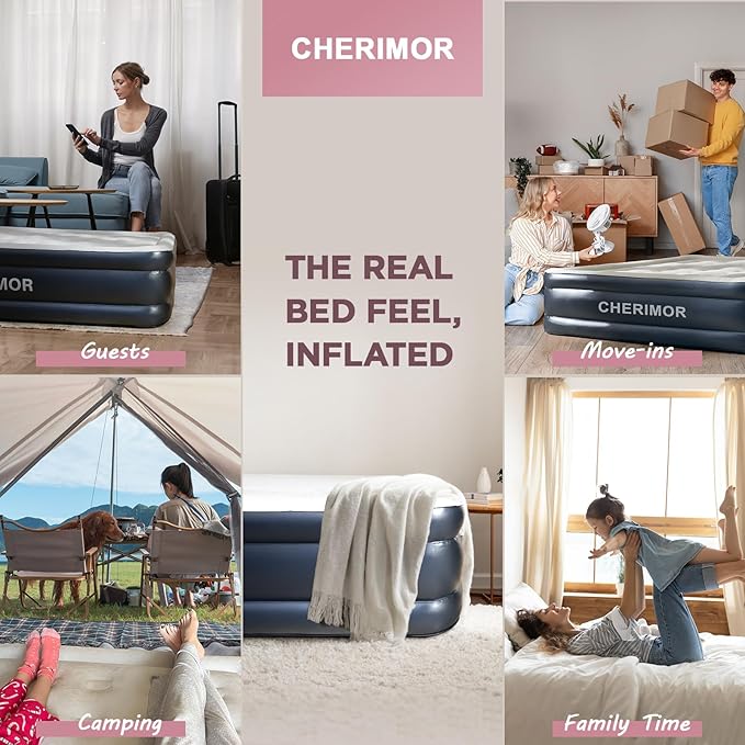 Air Mattress 18 Raised Full Size Self Inflatable Blow Up Mattress with Built in Pump Thick Comfort Air Bed with Carry Bag for Camping Guests &amp Home 600lb Capacity Colchon Inflable