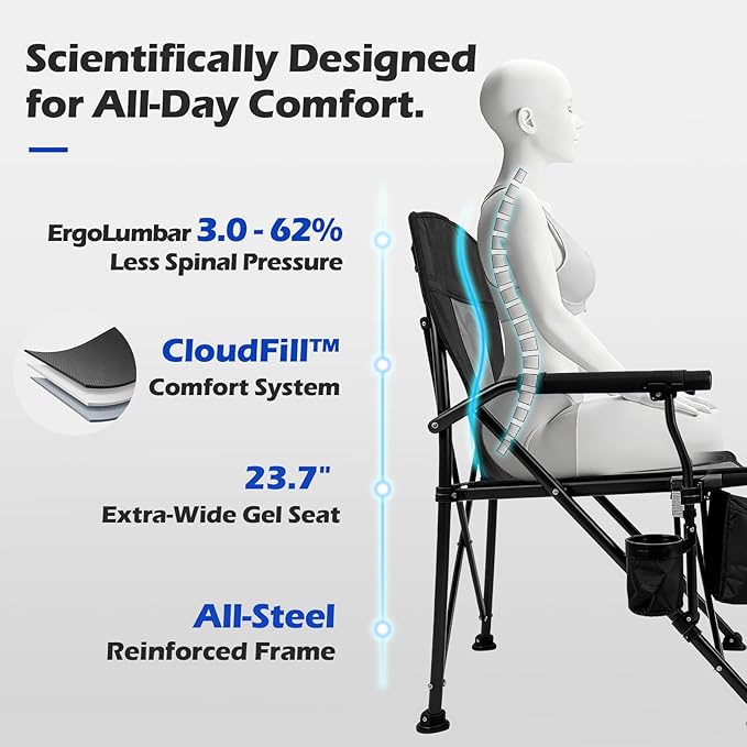 XL Premium Camping Chair - 400lb Capacity Oversized 23.7 Wide Seat Heavy Duty 600D Oxford Fabric Padded Camping Chair Portable for Outdoor Beach Tailgate Parties Solid Slate
