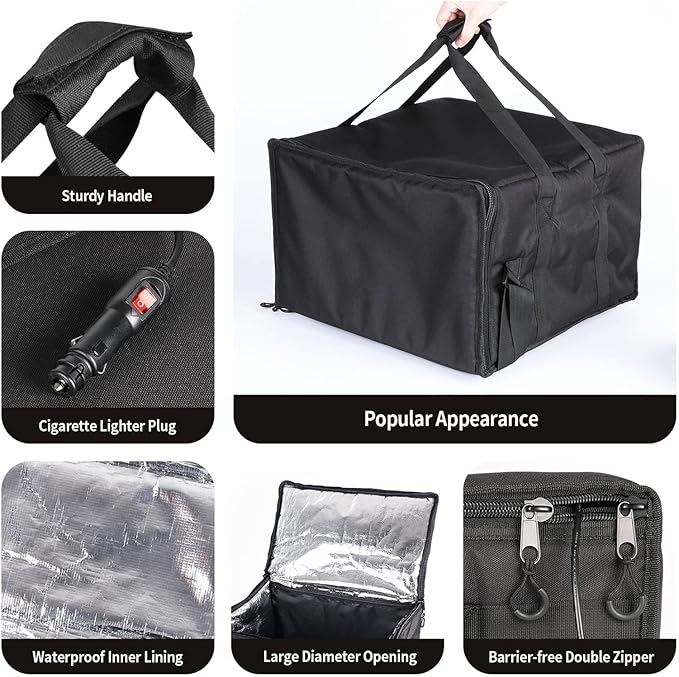 Insulated Heated Delivery Bag with Handle - Portable Microwave Food Warmer Collapsable Grocery Boxes - Picnic Lunch Pizza Container for Food Transport