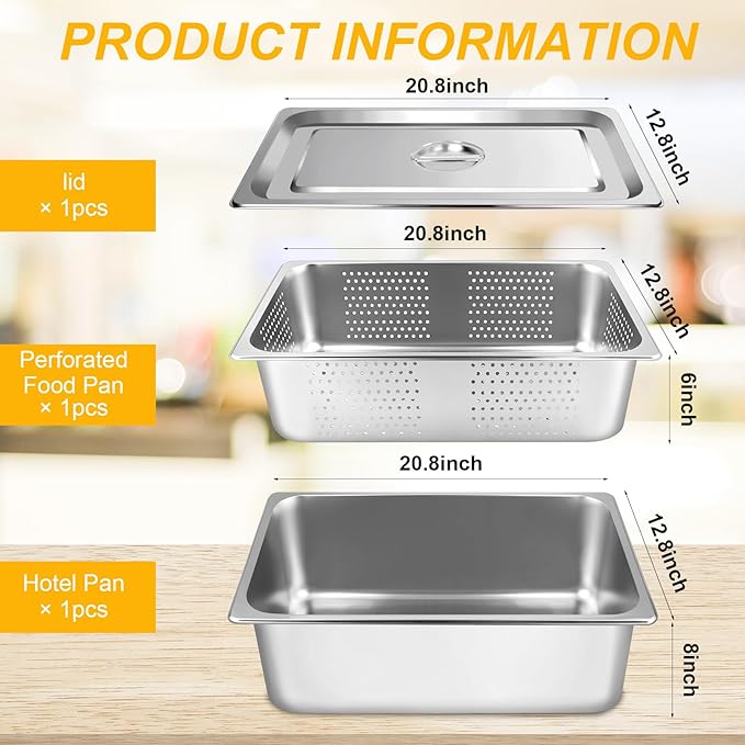 3 Pack Full Size 6 Inch 8 Inch Hotel Pan with Lid Perforated Steam Table Pan Chafing Pans Steam Table Tray Stainless Steel Restaurant Supplies for Buffets Catering Commercial Kitchen