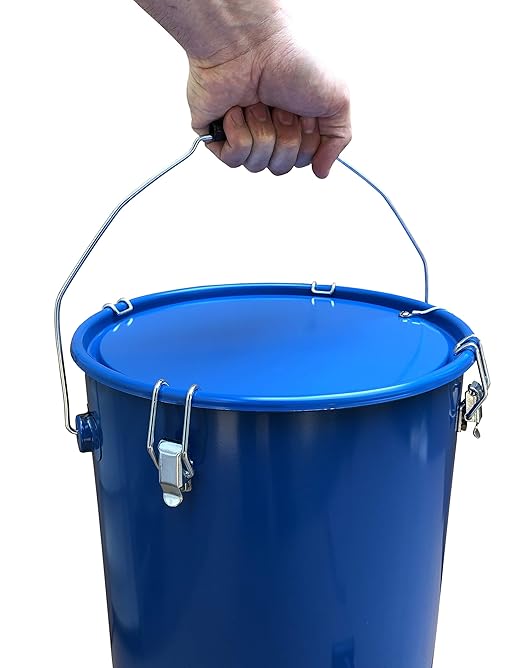 MirOil 6 Gallon Blue Oil Grease Bucket &amp Filter Pot – Steel Fryer Container w/Lid Lock &amp Clip Food Grade Interior Coating - Hot Grease Collection Pot for Disposal Under Drain Valves – Model #