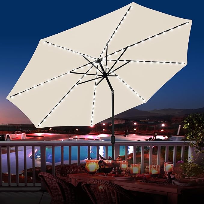 Sundale Outdoor Olefin 5-Year-Non-Fading Solar 104 LED 11FT Solar Patio Umbrella with Sand Bag Base Outdoor Umbrella with Tilt and Crank Beige