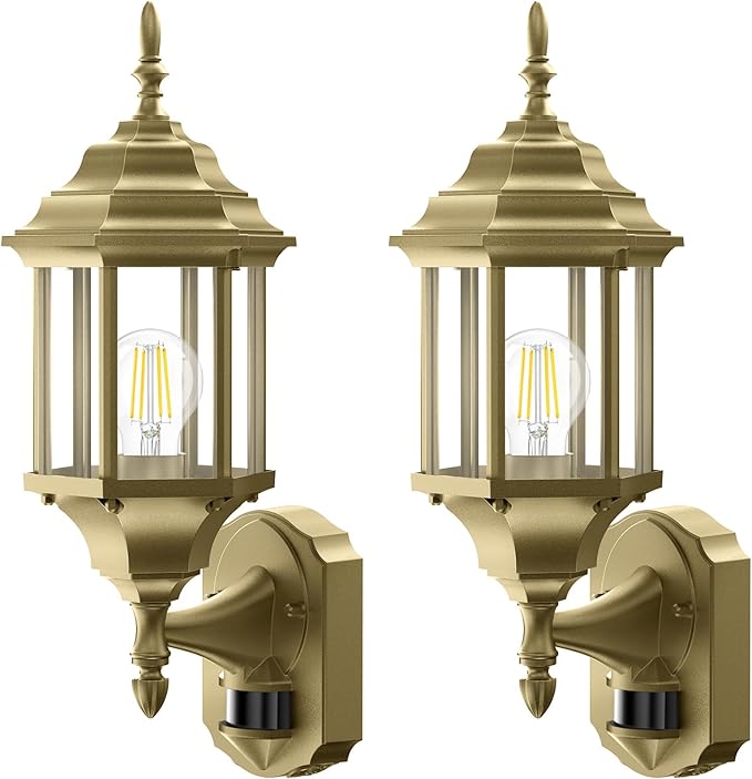 Redluck Motion Sensor Outdoor Lights 2 Pack 16 inch Dusk to Dawn Outside Porch Lights Waterproof Anti-Rust Aluminum Outdoor Wall Lights Exterior Lighting Fixtures for House Garage Front Door Gold