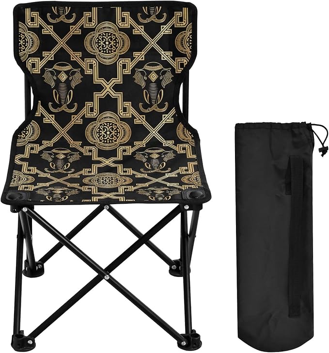 KLL Ethnic Elephant Black Gold Foldable Foldable Chairs Ultra-Lightweight Packable Chair Carry Bag Included Outdoor Chairs for Lawn Outside