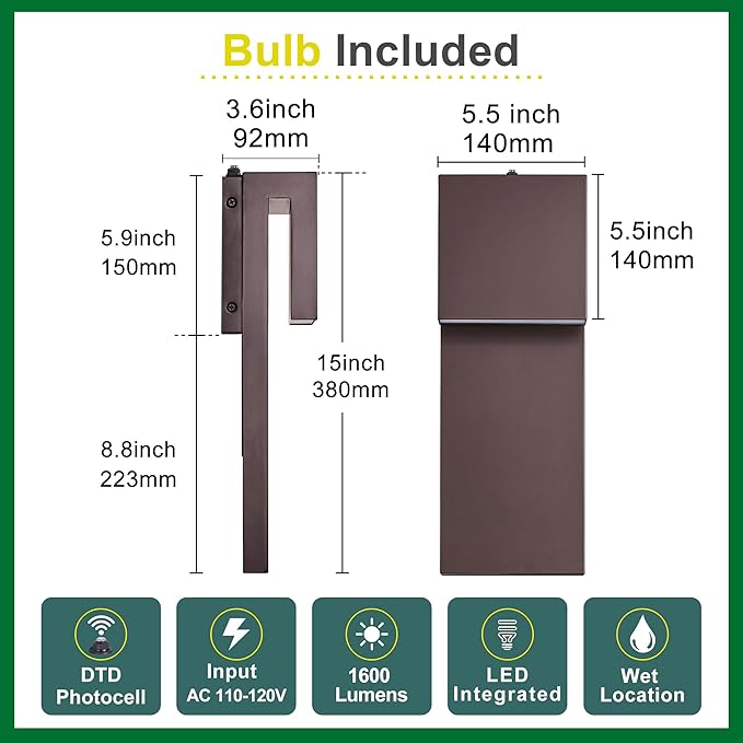 15IN Outdoor Wall Sconce FixtureDusk to Dawn Patio LightsWaterproof Exterior LampModern Wall Mounted with 17W 3000K LED Bronze FinishOutside Lights for House Front Door Entryway