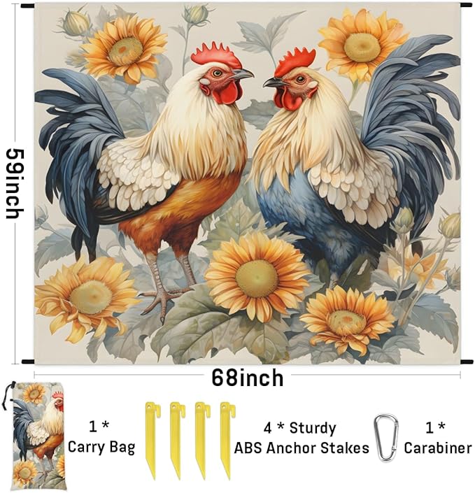 Waterproof Sandproof Beach Blanket 59''×68'' Mother Hen Polyester Outdoor Picnic Blanket with 4 Stakes &amp Storage Bag for BeachCampingVacation Sunflowers