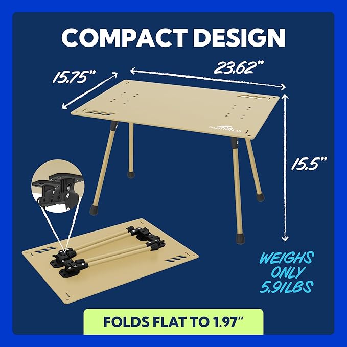 SUN NINJA Beach Table – Lightweight Mini Folding Table with Carry Case Small Camping Table for Beach Camping and Picnics – Portable Picnic Table with Durable Aluminum Top Non-Slip Feet