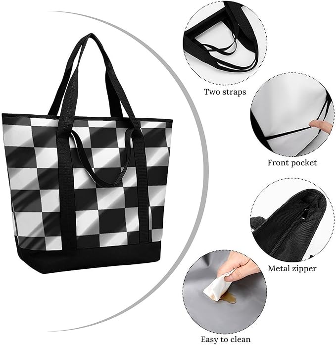 Insulated Shopping BagLarge Reusable Cooler Bags Black White Race Checkered Flag Printed Foldable Shopping BagTravel Waterproof Shoulder Bag