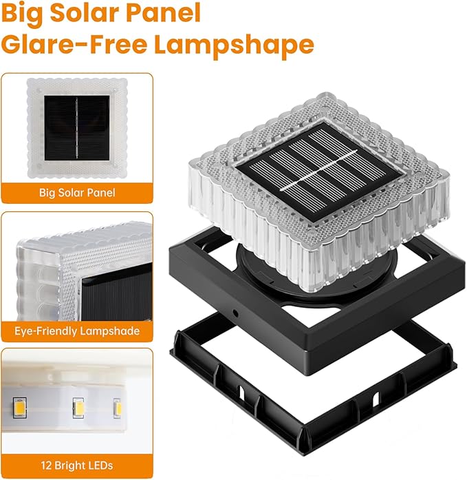 APONUO Solar Post Cap Lights 8-Pack Fence Post Solar Lights with 20 Lumens 3-Sided Panoramic Glow IP65 Waterproof Fence Deck Patio Garden Decor Easy No-Tool Install for 4x4 Posts Black
