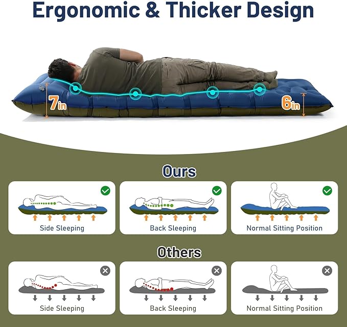 KASBAH Camping Sleeping PadExtra Wide 6 inch Thick Inflatable Sleeping Pads with Built-in Foot Pump and PillowUltralight Camping Mat Gear for Outdoor HikingCamping