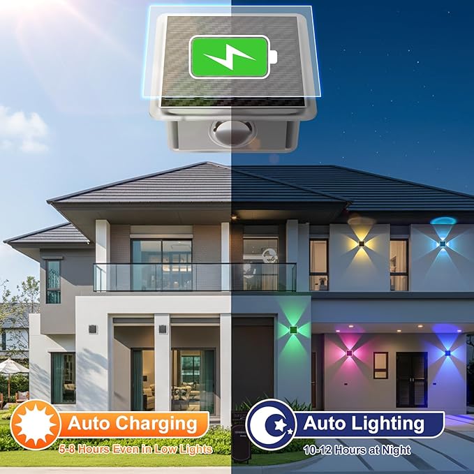 Solar Fence Lights Outdoor New 4-Way Lighting Fence Lights Solar Powered with 8 Modes Warm White/RGB IP65 Waterproof Solar Wall Light for Backyard Wall Pathway Deck Patio Decor - 12 Pack