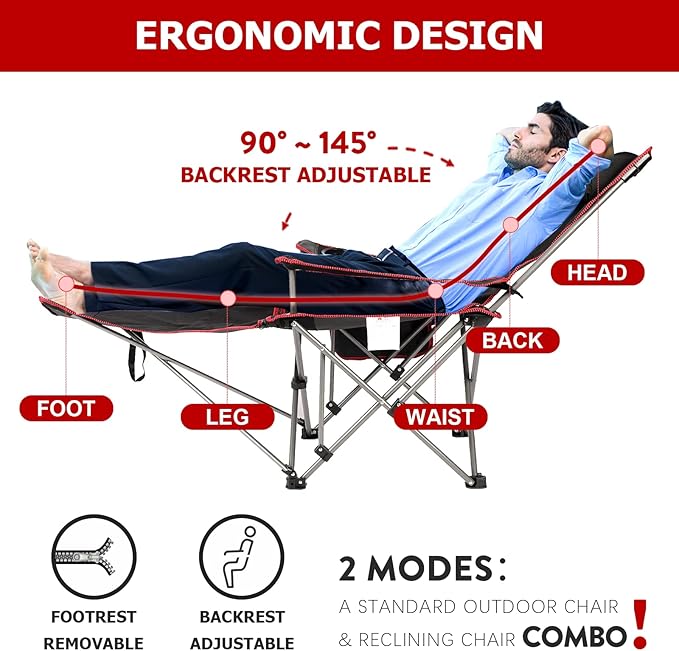 YSSOA Removable Footrest Reclining Camping Chair 1-Pack Black