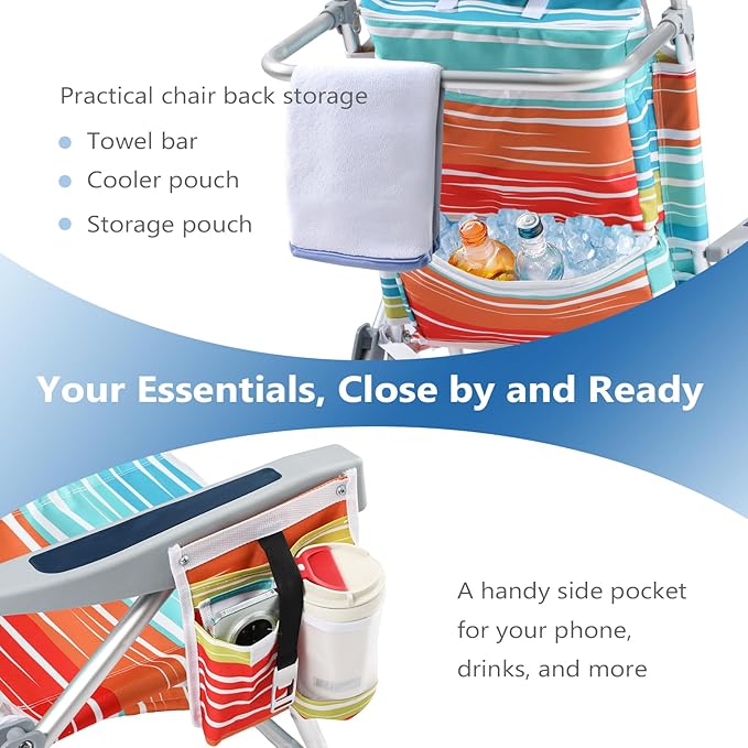 5-Position Aluminum Lay Flat Backpack Beach Chair 2 Pack Compact Portable Low Beach Chairs for Adults Beach Chair with Cooler Pouch Storage Pouch Towel Bar Cup Holder Multicolor Stripe 2 Pack