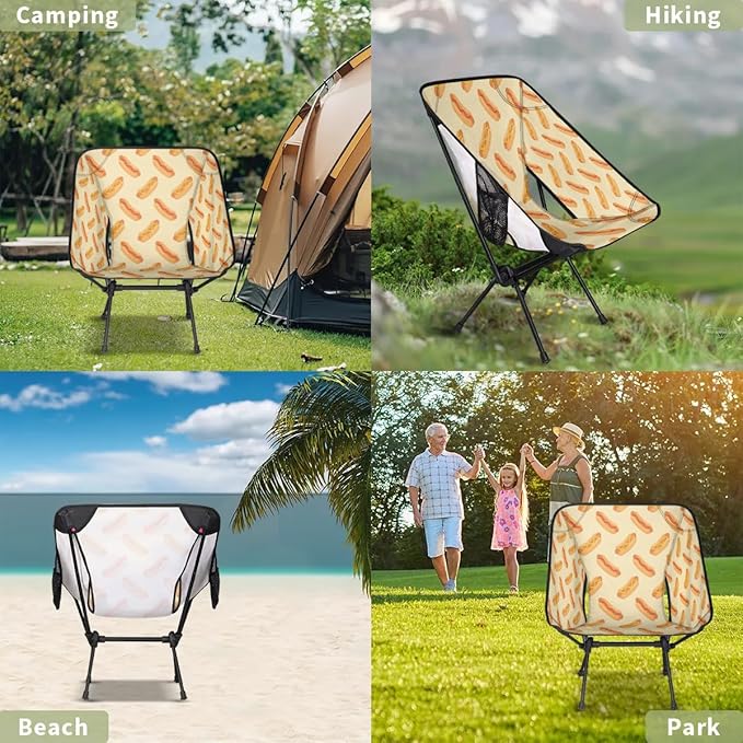 Cheese Hot Dog Camping Chairs for Adults Ultralight Folding Chairs Outside Portable Camp Backpacking Chair with Side Pocket Storage Bag Compact Beach Chairs for Hiking Fishing