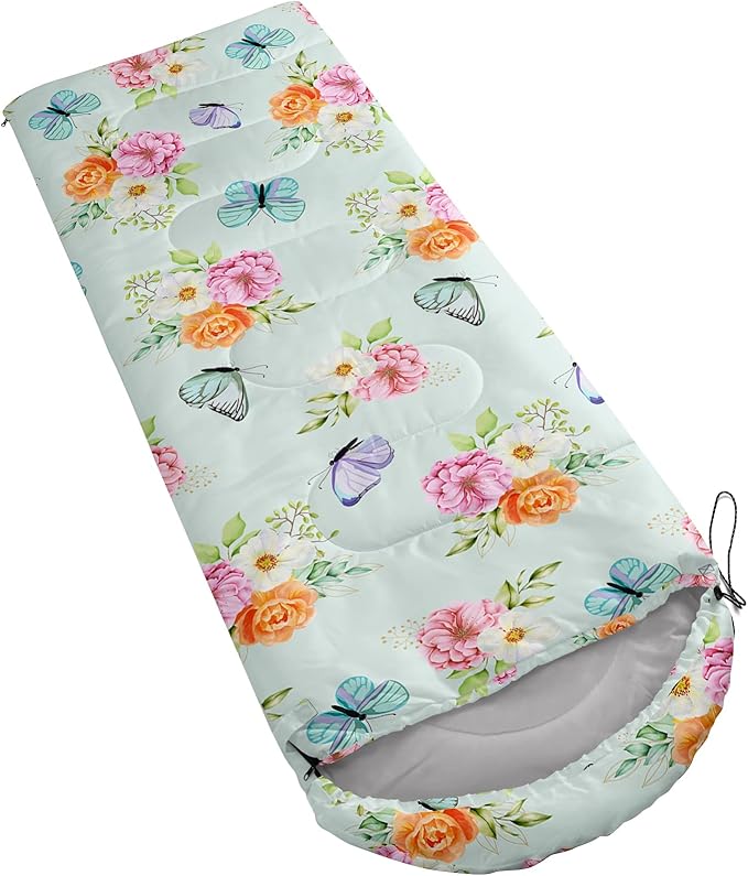 BSNTHO Butterfly Flower Printed Camping Sleeping Bags3 Season Warm &amp Cool WeatherLightweightWaterproof Sleeping Bags for Adults &amp KidsTravelingand OutdoorsCamping Gear Equipment31x90inc