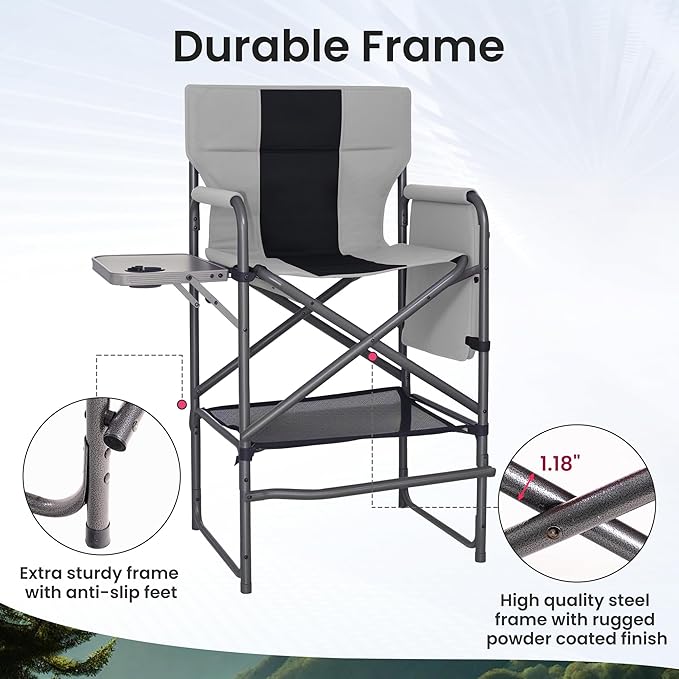 30 Bar Height Director Chair - 400lbs Heavy Duty with Detachable Footrest &amp Side Table Portable Foldable Chair for Makeup Artists/Outdoor Events (Black/Gray)