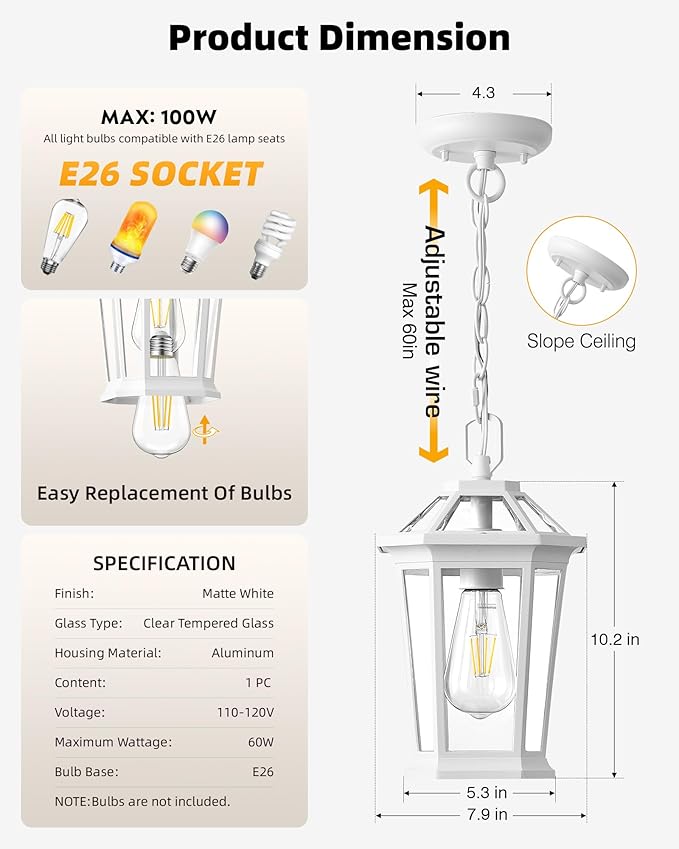 VIANIS White Outdoor Pendant Lights Modern Hanging Outside Lights Lantern Aluminum Porch Lights Outdoor Ceiling Outside Chandelier for Porch with Clear Glass for House Doorway