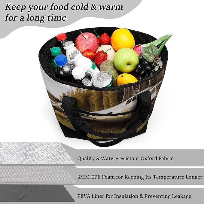 Insulated Shopping BagLarge Reusable Cooler Bags Abandoned Plane Printed Foldable Shopping BagTravel Waterproof Shoulder Bag