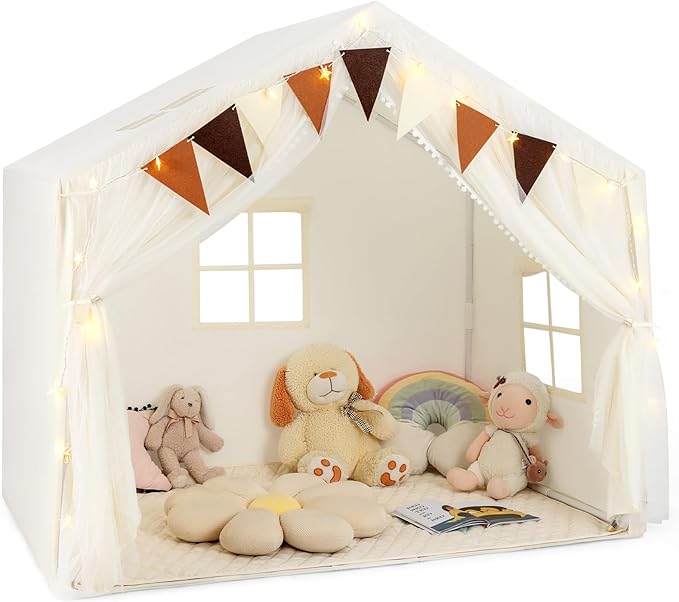 INFANS Kids Play Tent Large Size Playhouse with Washable Cotton Mat Star Light Windows Plaid Pennants 57.5” x 38” x 52.5” Indoor Outdoor Princess Tents Castle for Toddlers Age 3+ Years Old