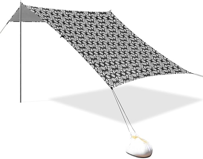 ALAZA White Geometric Floral Beach Tent Sun Shelter UPF50+ Protection Beach Shade Canopy w/ 4 Sandbags for Outdoor Camping Fishing Backyard Fun Picnic 10x9 ft
