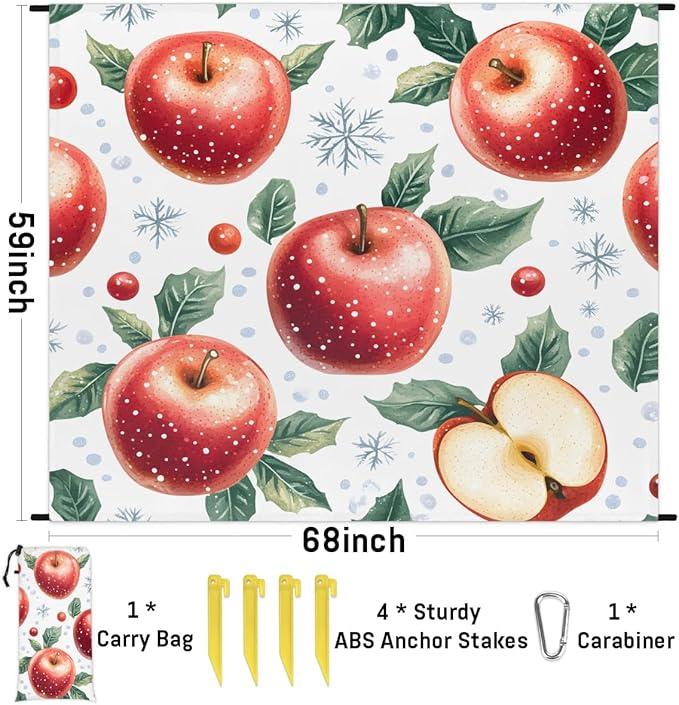 Waterproof Sandproof Beach Blanket 59''×68'' Holiday Apple Pattern Polyester Outdoor Picnic Blanket with 4 Stakes &amp Storage Bag for BeachCampingVacation