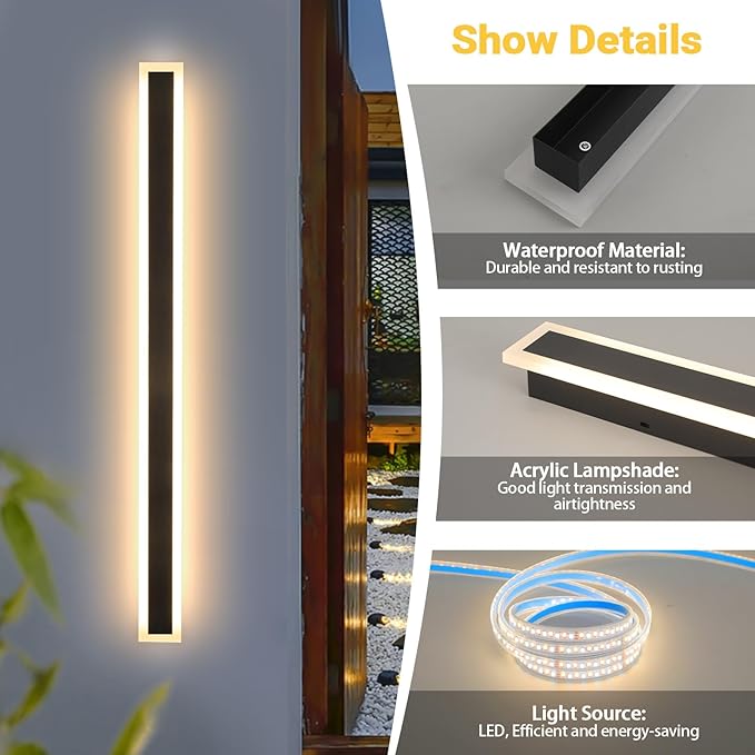 2 Pack 31.5In Modern Outdoor Wall Light Outdoor Wall Sconces for House Exterior Wall Light Fixtures Black Long Light Mount for Garage Patio Porch Stairway (Warm Light)