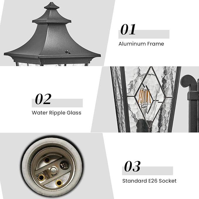 Outdoor Light Fixture Modern Outdoor Wall Sconce Light Waterproof Black Porch Lights Wall Mount with Water Ripple Handmade Glass for Gardens Porch Yards