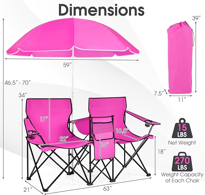 Beach Chair with Umbrella Portable Camping Chair with Cooler Bag Cup Holders Side Pocket Carrying Bag Double Folding Chair for Picnic Patio Canopy Outside (Pink)