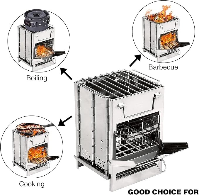 REDCAMP Wood Burning Folding Camp Stove Stainless Steel Grill Portable Collapsible Backpacking Stove Survival Rocket Stove for Hiking Outdoor Tent Camping Picnic BBQ Samll