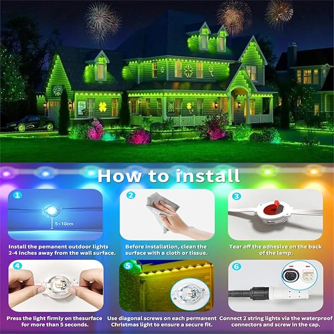 300FT Permanent Outdoor RGB LightsIP67 Waterproof Smart LED Eaves Lights with App/Remote Controlfor Christmas and All Holiday DecorDaily and Accent LightingHouse Roof and Garden Lighting