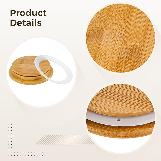Generic Natural Wood Caps For Tea Coffee Mug Covers 6 Pcs Mason Jar Lids 3.4-Inch Wide Mouth Wooden Jar Covers With Silicone Seal Airtight Storage Lids For 32/4/8/64/16 Oz Jars