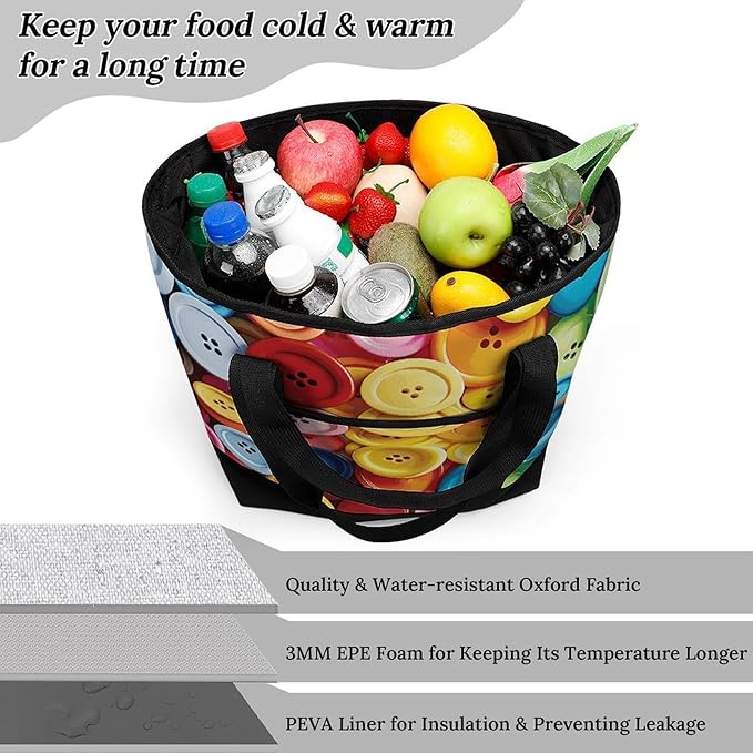 Insulated Shopping BagLarge Reusable Cooler Bags Colorful Buttons Printed Foldable Shopping BagTravel Waterproof Shoulder Bag