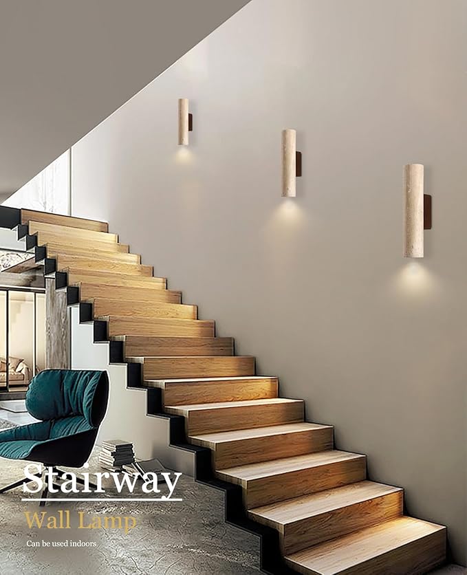 Outdoor Waterproof Wall Sconce 11 H Long Linear Natural Yellow Travertine Wall Lamp with Natural Stone Lampshade Wooden Base MCM Wall Sconce for House Patio Garage Entryway (Water Resistant)