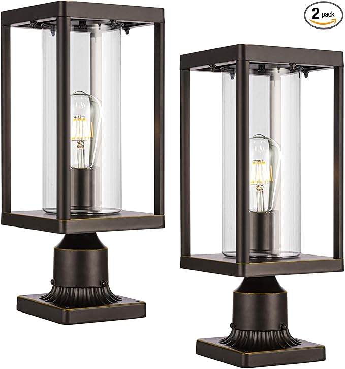 Beionxii Outdoor Post Lights 20in Post Lantern with Pier Mount Base Aluminum Street Lights with Glass Fence Post Deck Lighting for Garden Patio Pathway BXA291-P-2PK-O (NOT Solar 110-120V AC)