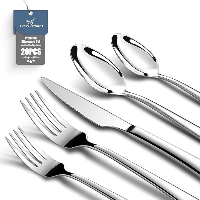 TAN REN Silverware Set for 4 20-Piece Stainless Steel Flatware Sets Heavy Duty Forks and Spoons Silverware Set with Dinner Knives Mirror Polished Cutlery Sets Dishwasher Safe Kitchen Utensils