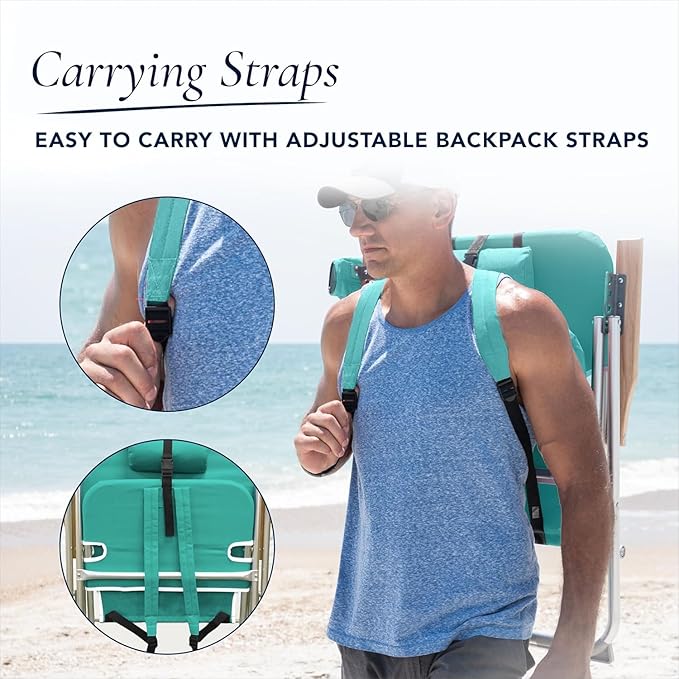CARIBBEAN JOE Folding Beach Chair 4 Position Portable Backpack Foldable Camping Chair with Headrest Cup Holder and Wooden Armrests