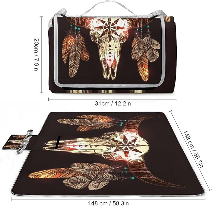 Western Country Aztec Sunflower Cow Bull Skull Waterproof Outdoor Picnic Blanket Sandproof Beach Mat for Camping Hiking Grass Travelling